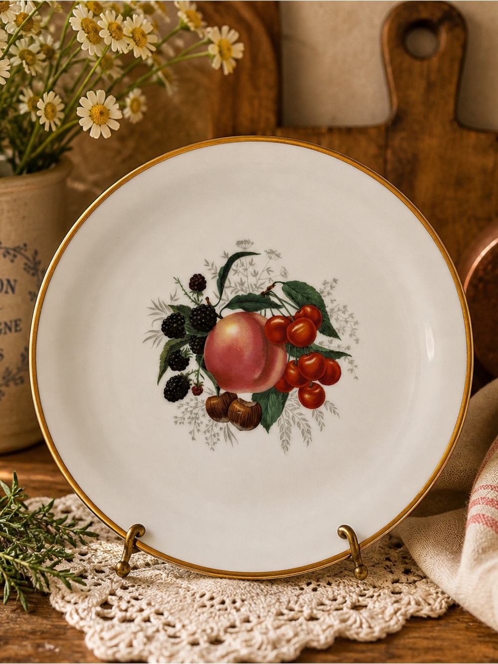 Vintage West Germany Fruit Plate Gold Rim Porcelain Wall Decor